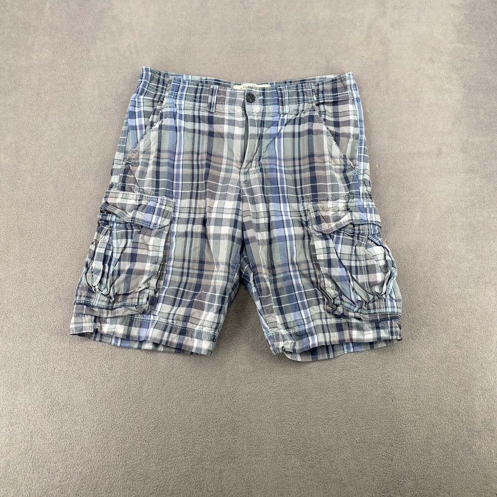 Sonoma Life Style Mens 32 Cargo Shorts Blue Grey Plaid Cotton Utility 7586